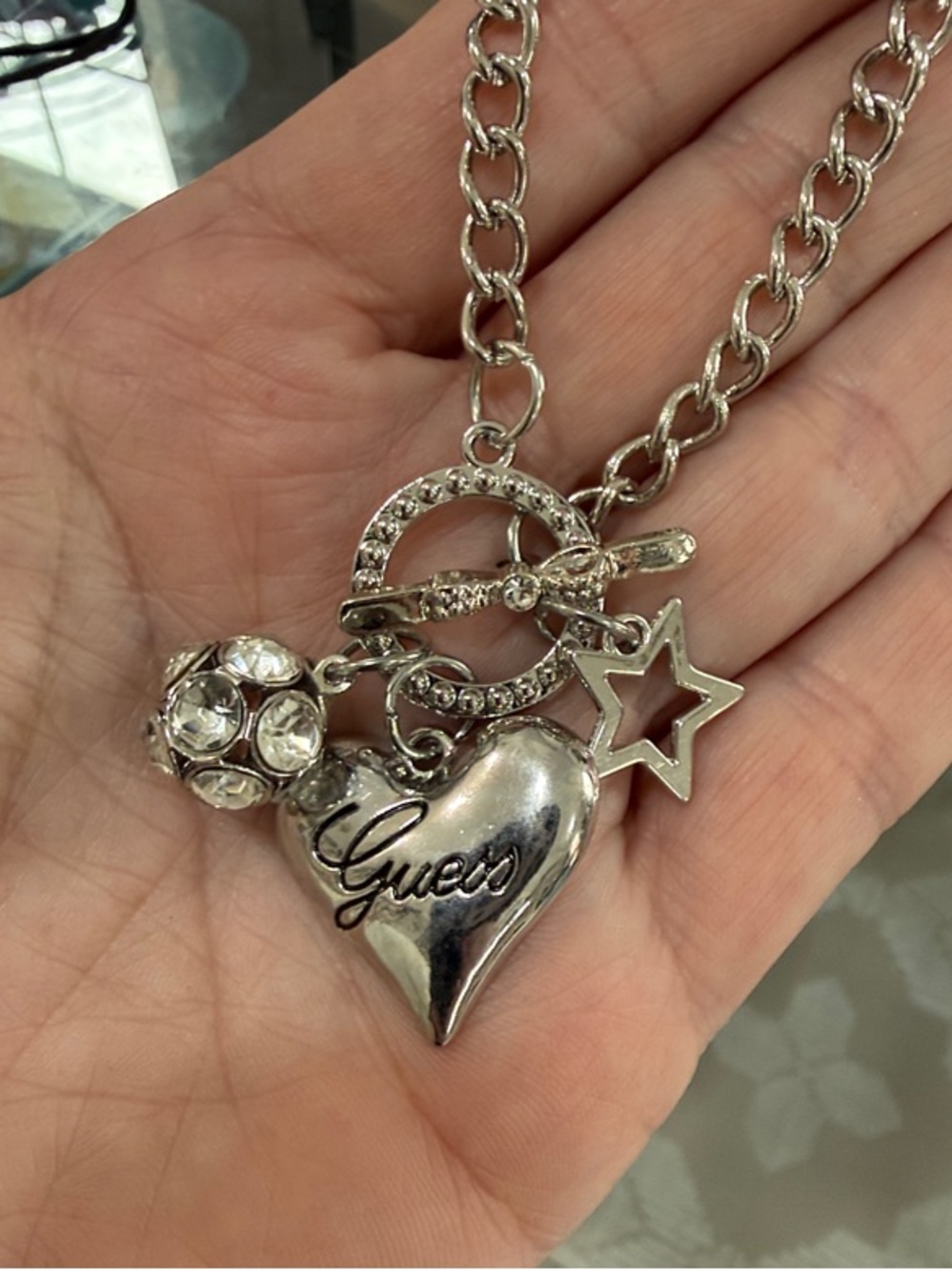 GUESS Silver-Tone Heart, Star & Crystal Charm Toggle bracelet outlet